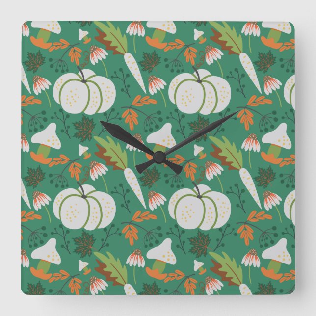 Pumpkin seamless pattern carrots and mushrooms square wall clock (Front)