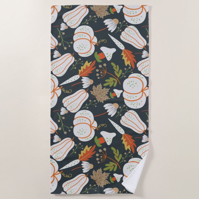 Pumpkin seamless pattern floral black and white beach towel (Front)