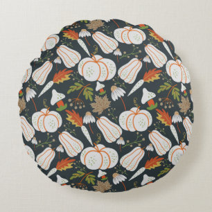Pumpkin seamless pattern floral black and white round pillow