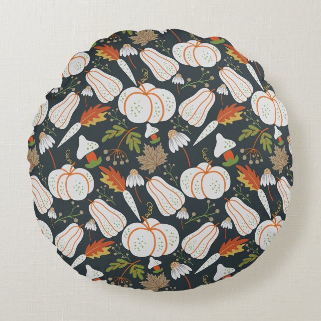 Pumpkin seamless pattern floral black and white round pillow (Front)