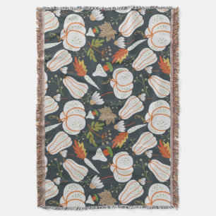 Pumpkin seamless pattern floral black and white throw blanket