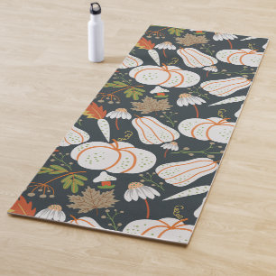 Pumpkin seamless pattern floral black and white yoga mat