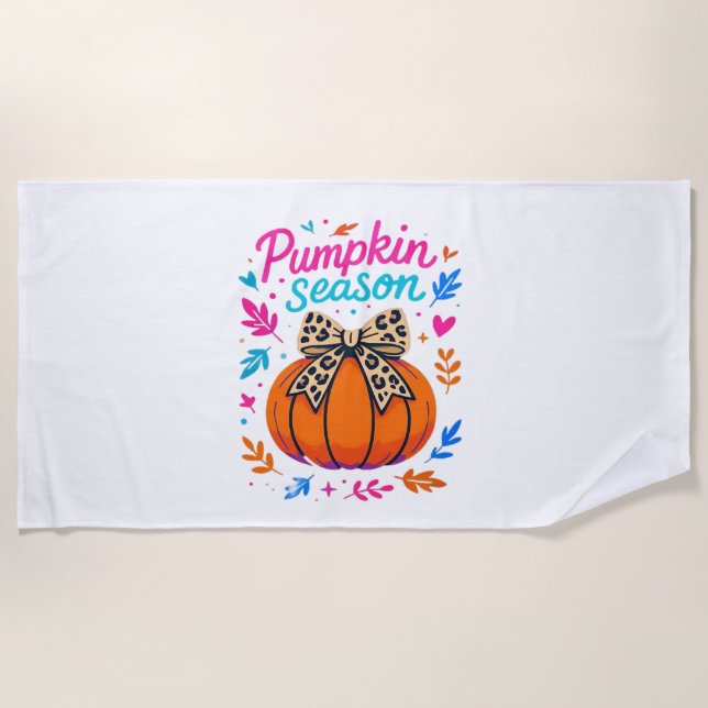 Pumpkin Season Leopard Bow Design – Cute Fall Aest Beach Towel (Front)