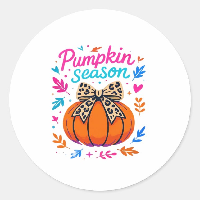 Pumpkin Season Leopard Bow Design � Cute Fall Aest Classic Round Sticker (Front)