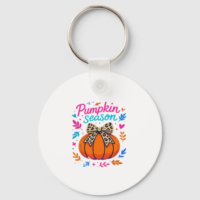 Pumpkin Season Leopard Bow Design � Cute Fall Aest Keychain (Front)