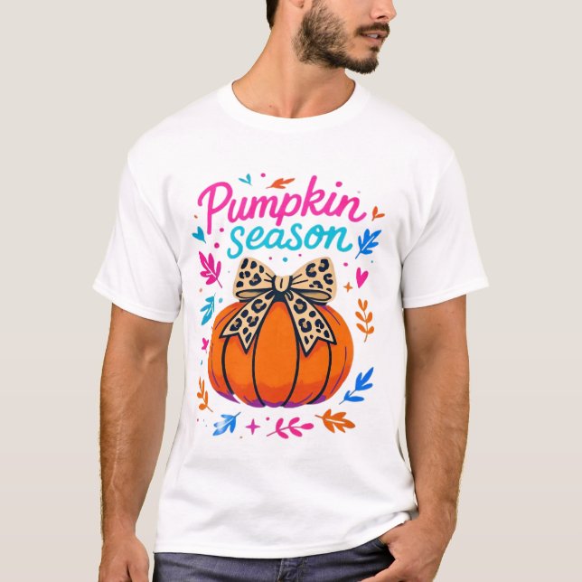 Pumpkin Season Leopard Bow Design � Cute Fall Aest T-Shirt (Front)