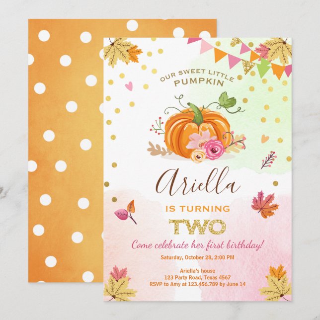 Pumpkin Second Birthday Invitation Autumn Fall (Front/Back)