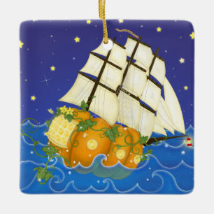 Pumpkin Ship at Sea Magical Fairytale Ceramic Ornament