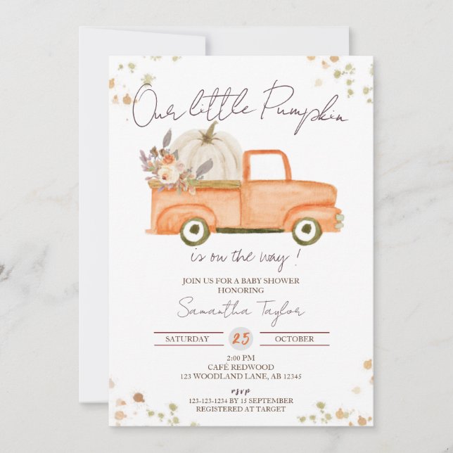 Pumpkin Shower, Orange Truck, Fall Baby Shower Invitation (Front)