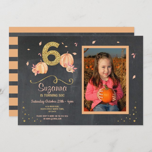 Pumpkin SIX Birthday 6TH Fall Party Photo Invite (Front/Back)