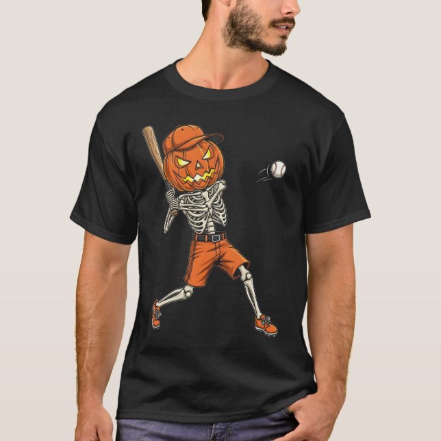 Pumpkin Skeleton Batting Baseball Funny Halloween  T-Shirt (Front)