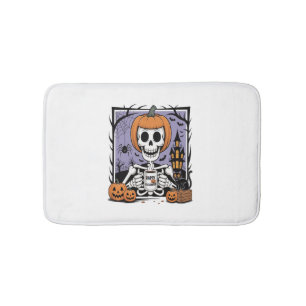 Pumpkin Skeleton Drinking Coffee Bath Mat