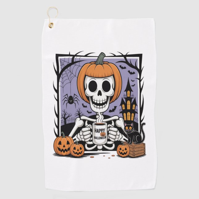 Pumpkin Skeleton Drinking Coffee Golf Towel (Front)
