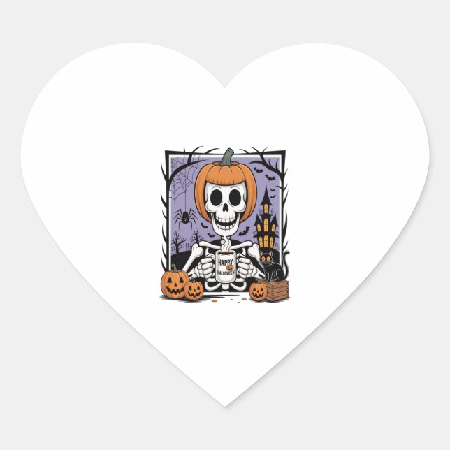Pumpkin Skeleton Drinking Coffee Heart Sticker (Front)