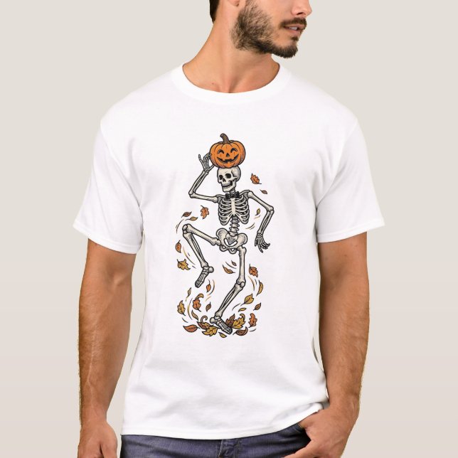Pumpkin Skeleton Shirt Vintage Dancing Bones Art (Front)