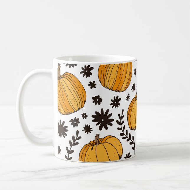Pumpkin sketches: hand-drawn seamless pattern. coffee mug (Left)