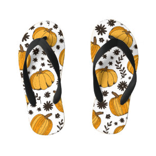 Pumpkin sketches: hand-drawn seamless pattern. kid's flip flops