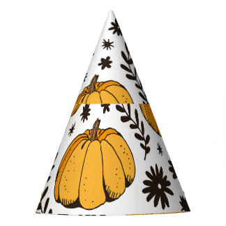 Pumpkin sketches: hand-drawn seamless pattern. party hat