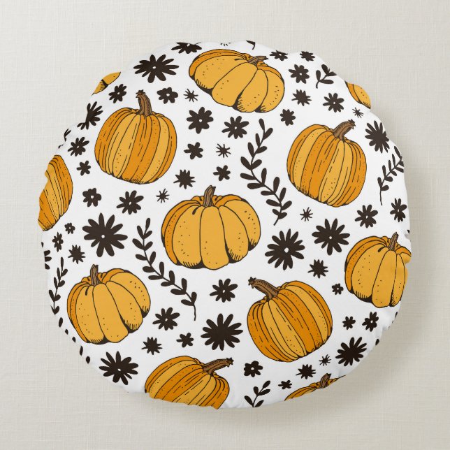 Pumpkin sketches: hand-drawn seamless pattern. round pillow (Front)
