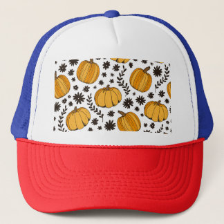 Pumpkin sketches: hand-drawn seamless pattern. trucker hat