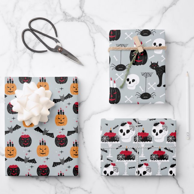 Pumpkin Skulls Black Cat Design Perfect Halloween  Wrapping Paper Sheet (Front)