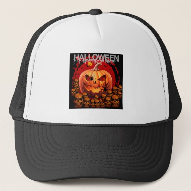 PUMPKIN SKULLS SKELETON HALLOWEEN  TRUCKER HAT (Front)