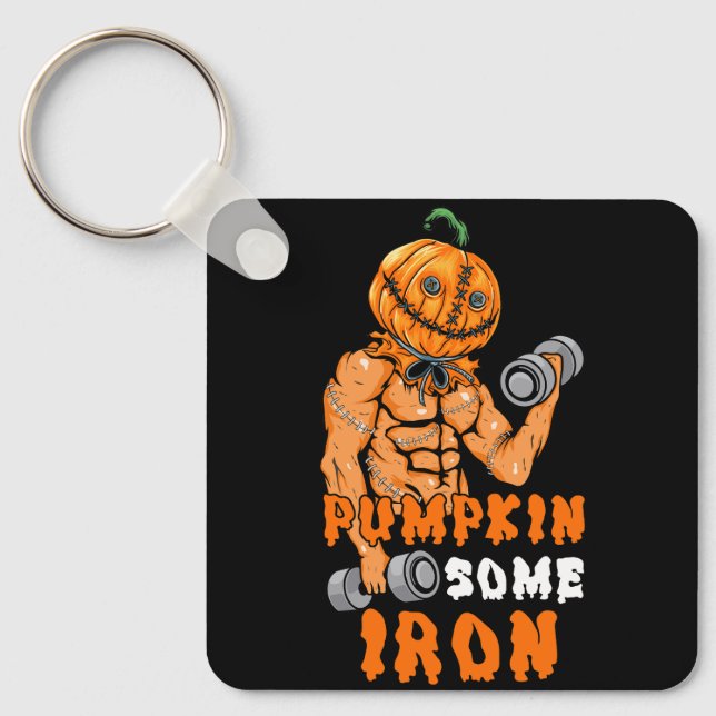 Pumpkin Some Iron Funny Halloween Gym Workout Lift Keychain (Front)