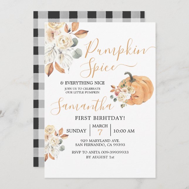 Pumpkin Spice and Everything Nice 1st Birthday Invitation (Front/Back)
