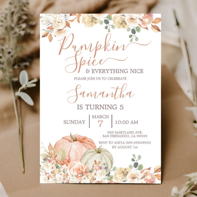 Pumpkin Spice and Everything Nice 5th Birthday Invitation (Creator Uploaded)