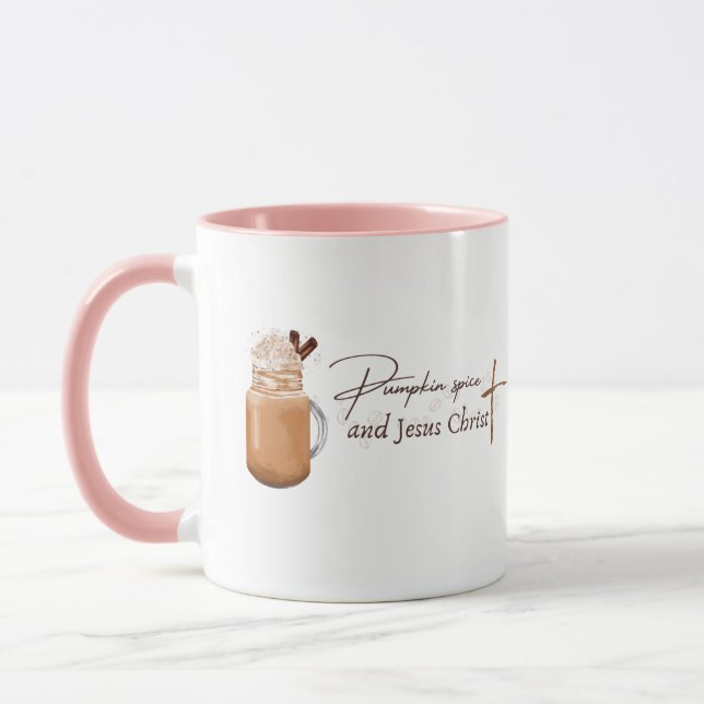 Pumpkin Spice and Jesus Christ (Pink version) Mug (Left)