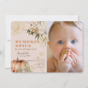 Pumpkin Spice Boho Floral Pink 1st Birthday Photo Invitation