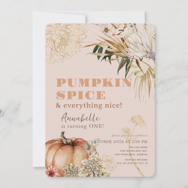 Pumpkin Spice Boho Floral Pink Girl 1st Birthday Invitation (Front)