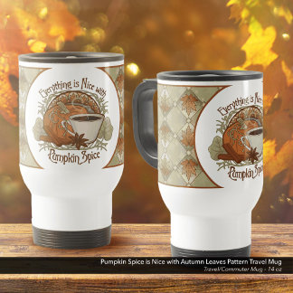 Pumpkin Spice Coffee Art and Autumn Leaves Pattern Travel Mug