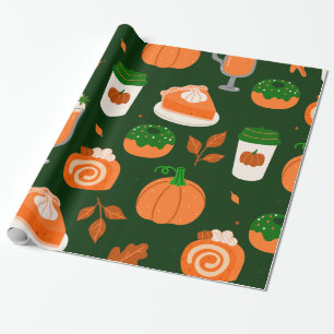 pumpkin spice coffee dark green wrapping paper