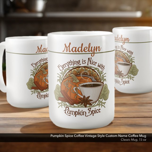 Pumpkin Spice Coffee Vintage Style Custom Name Mug (Pumpkin Spice Coffee Vintage Vibe Classic Mug–Personalized with Your Name–15 oz. Size)