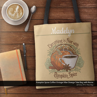 Pumpkin Spice Coffee Vintage Vibe Name Orange Tote Bag