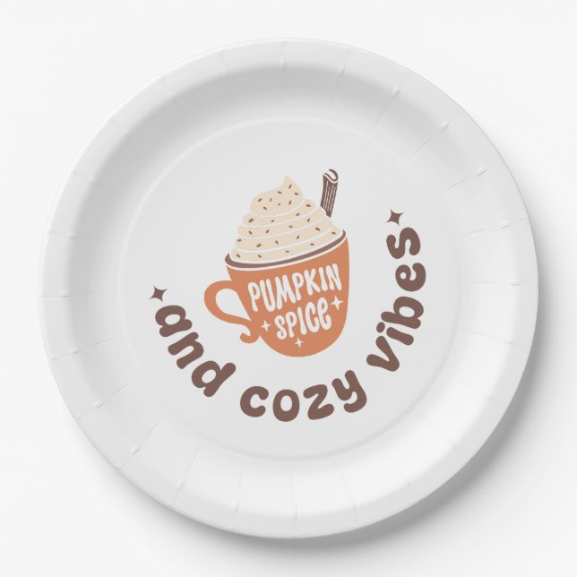 Pumpkin Spice & Cozy Vibes  – Cute PSL Latte Fall Paper Plate (Front)