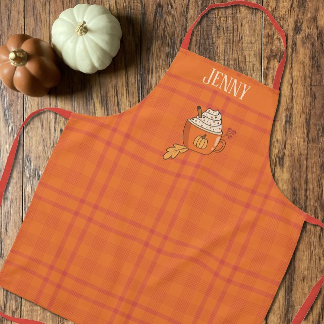 Pumpkin Spice Doodle Orange Tartan Pattern Apron  (Fall personalized apron with a pretty orange Tartan pattern and a cute pumpkin spice latte doodle .)
