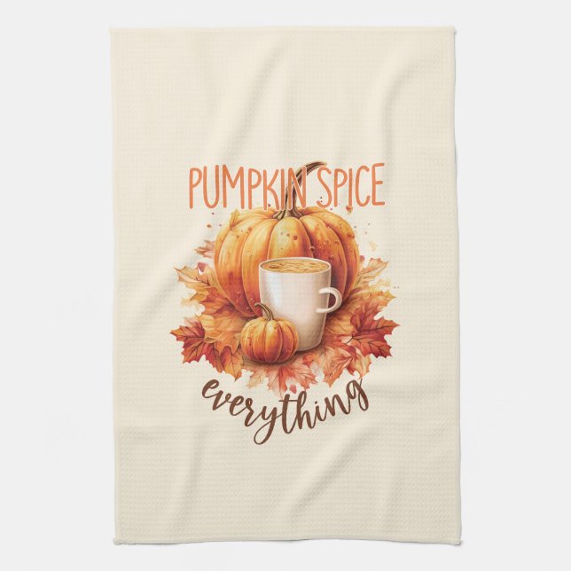 Pumpkin Spice Everything – Latte & Autumn Foliage Kitchen Towel (Vertical)
