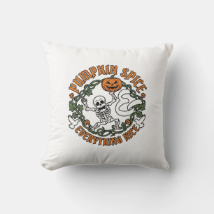 Pumpkin Spice Everything Nice Halloween Skeleton V Throw Pillow