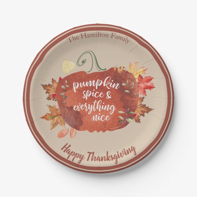Pumpkin Spice & Everything Nice Thanksgiving Brown Paper Plate (Front)