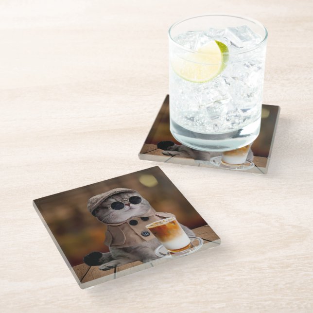 Pumpkin Spice Fall Cat Glass Coaster (Angled)