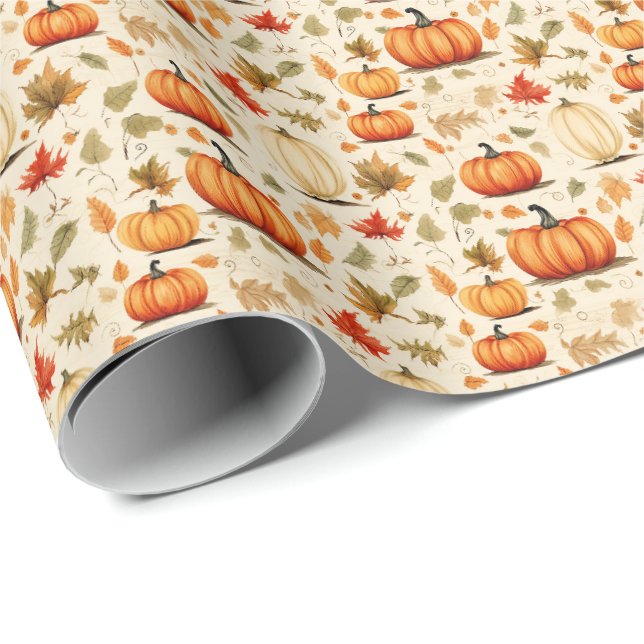 Pumpkin Spice Fall Leaves Rustic Gift Wrap Design (Roll Corner)