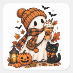 Pumpkin Spice Ghost Cozy Halloween Square Sticker