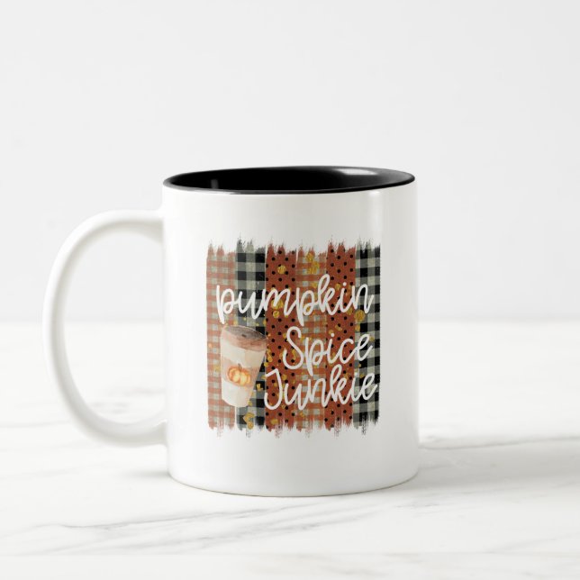 Pumpkin Spice Junkie - Rustic Autumn Two-Tone Coffee Mug (Left)