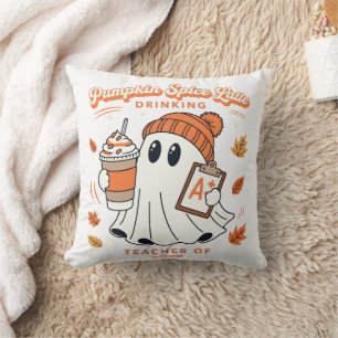 Pumpkin Spice Latte Ghost Personalized Name Teache Throw Pillow