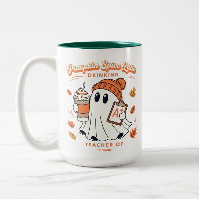 Pumpkin Spice Latte Ghost Personalized Name Teache Two-Tone Coffee Mug (Left)