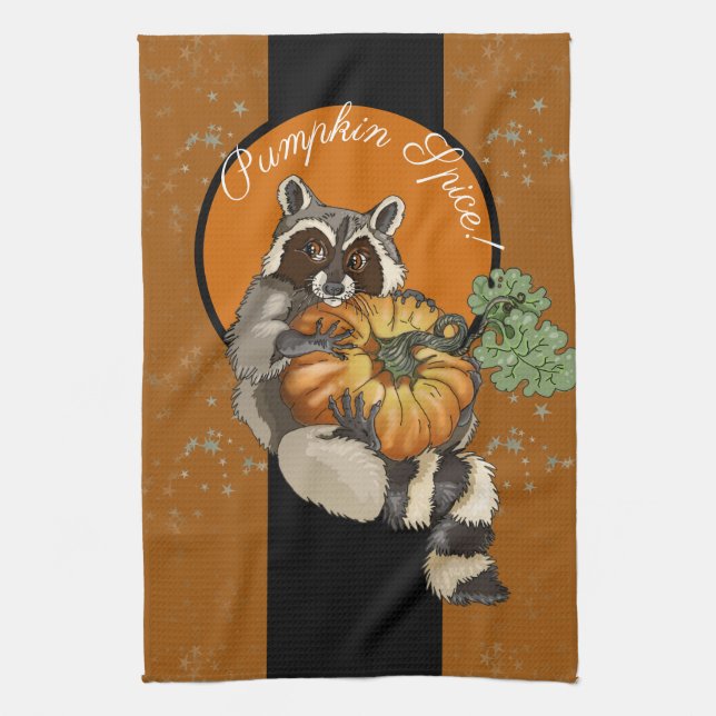 Pumpkin Spice! On a Roll Pumpkin Raccoon Kitchen Towel (Vertical)