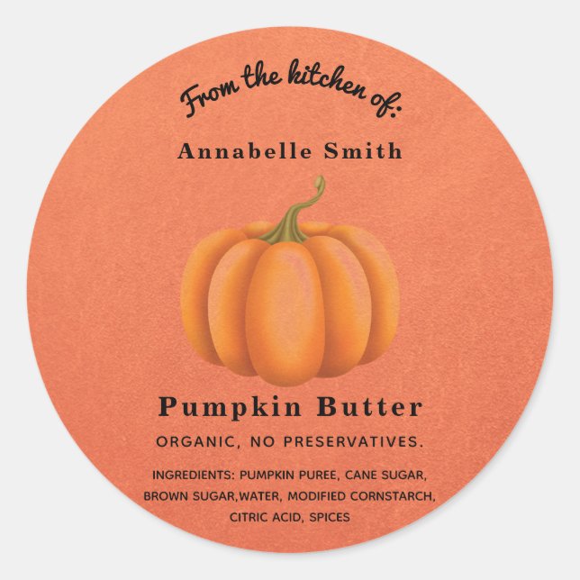 Pumpkin Spice Orange Fall Custom Personalized Jar Classic Round Sticker (Front)