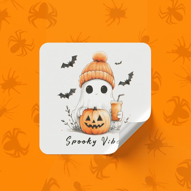 Pumpkin Spice Spooky Vibes Personalized Square Sticker (Creator Uploaded)